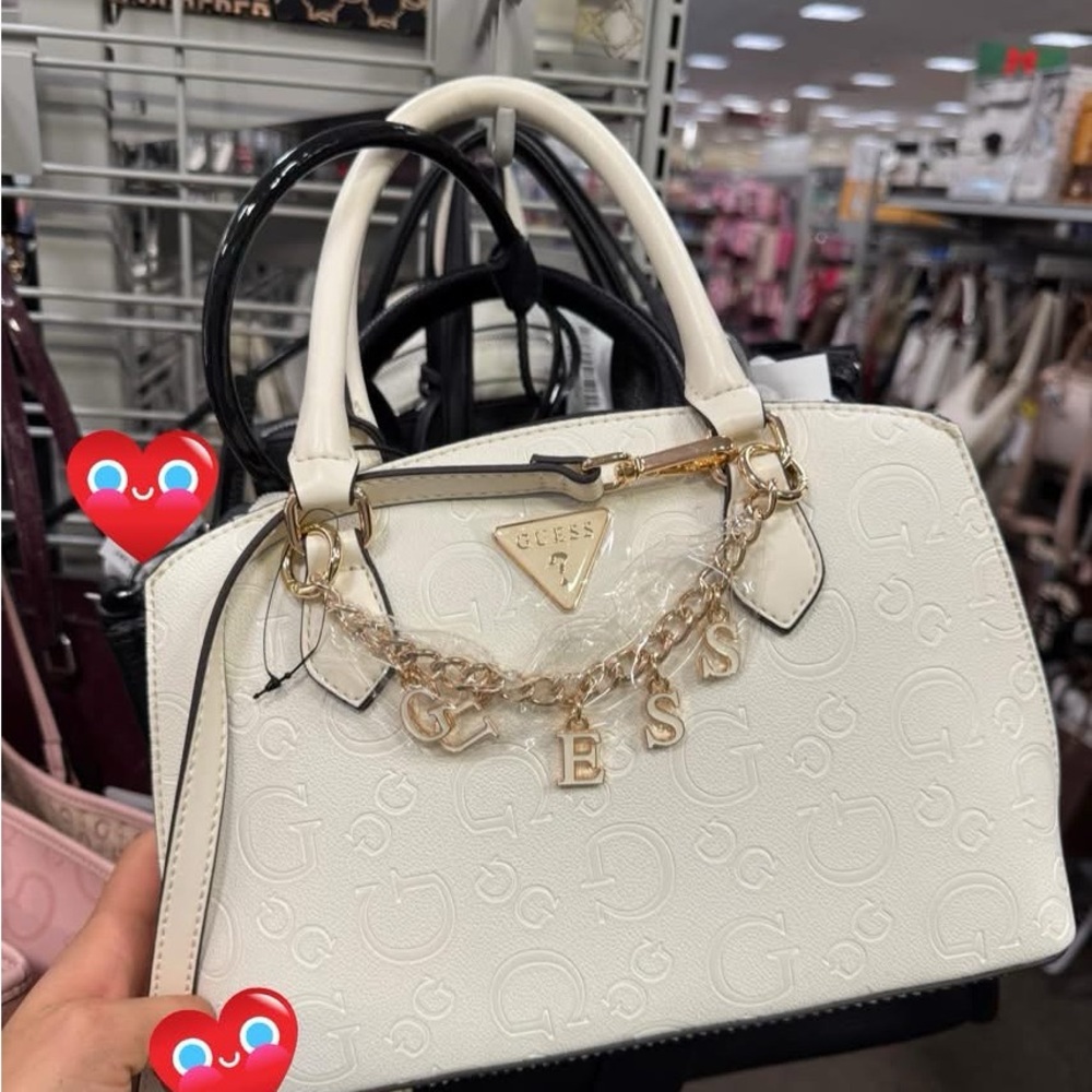 GUESS Cream Embossed Satchel with Gold Accents